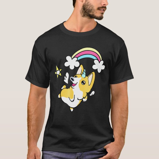 Camiseta Doodle gráfico de Unicorn Corgi Rainbow (Anverso)