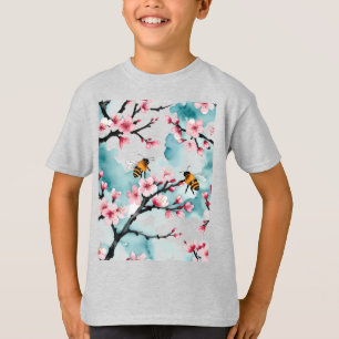 Camiseta Dos Abejas Ocupadas Y Ramas De Cerezo Rosa