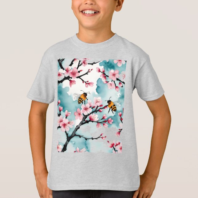 Camiseta Dos Abejas Ocupadas Y Ramas De Cerezo Rosa (Anverso)