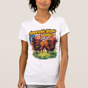 Camiseta Dos bisontes parados ante la bandera estadounidens