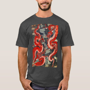 CAMISETA DOS DRAGONES DE WOODCUT JAPONÉS EN BLANCO NEGRO RO