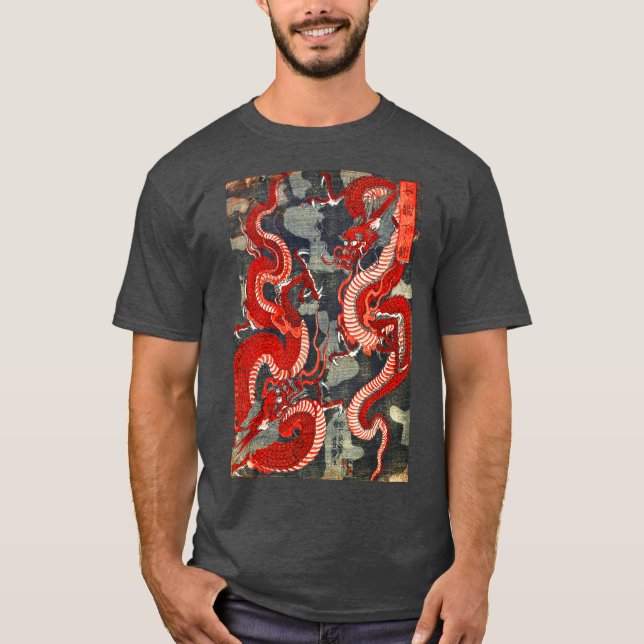 CAMISETA DOS DRAGONES DE WOODCUT JAPONÉS EN BLANCO NEGRO RO (Anverso)