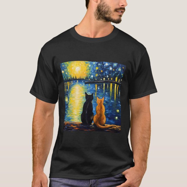 Camiseta Dos gatos Starry Night Lover Gato Arte Pintar Kitt (Anverso)