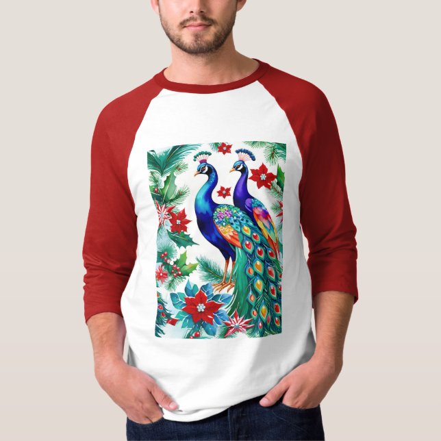 Camiseta Dos hermosos Navidades Peacocks con Poinsettias (Anverso)