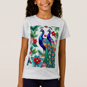 Camiseta Dos hermosos Navidades Peacocks con Poinsettias