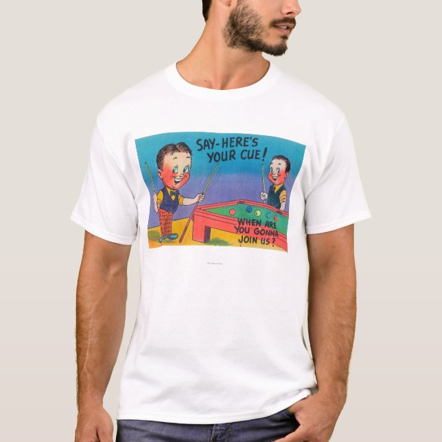 Camiseta Dos hombres del dibujo animado juegan al billar, (Anverso)