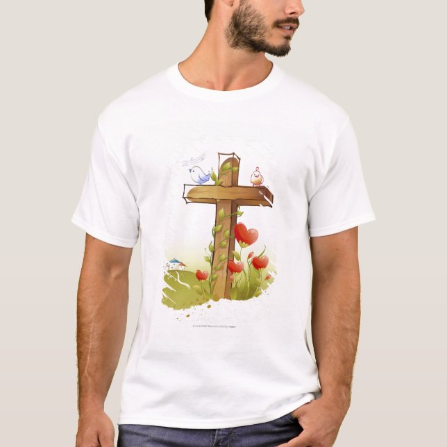 Camiseta Dos pájaros que se encaraman en una cruz (Anverso)