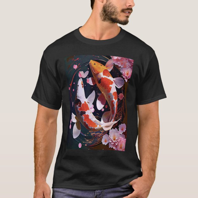 Camiseta Dos peces Koi nadando juntos flores pétalos Japón (Anverso)