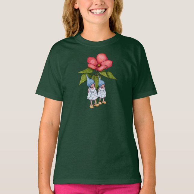 Camiseta Dos pequeños Chicas con flores rosadas grandes (Anverso)