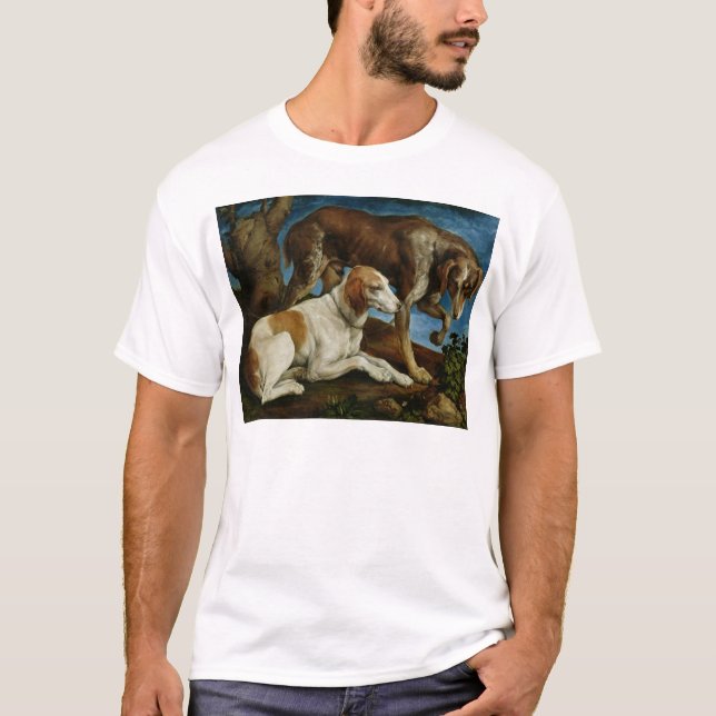 Camiseta Dos perros de caza atados a un tocón de árbol, (Anverso)