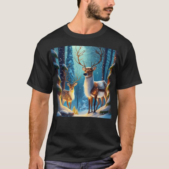Camiseta Dos Renos En Un Bosque De Pinos Nevados (Anverso)