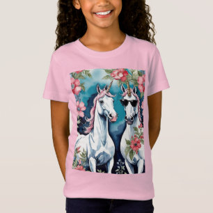 Camiseta Dos unicornios divertidos con flores rosas