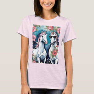 Camiseta Dos unicornios divertidos con flores rosas