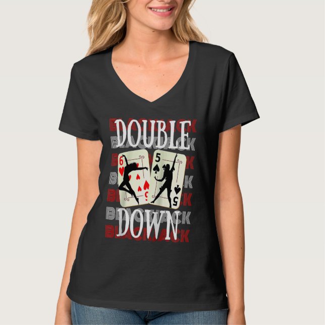 Camiseta Double Down 21 Casino Gambling Blackjack Raglan Ba (Anverso)