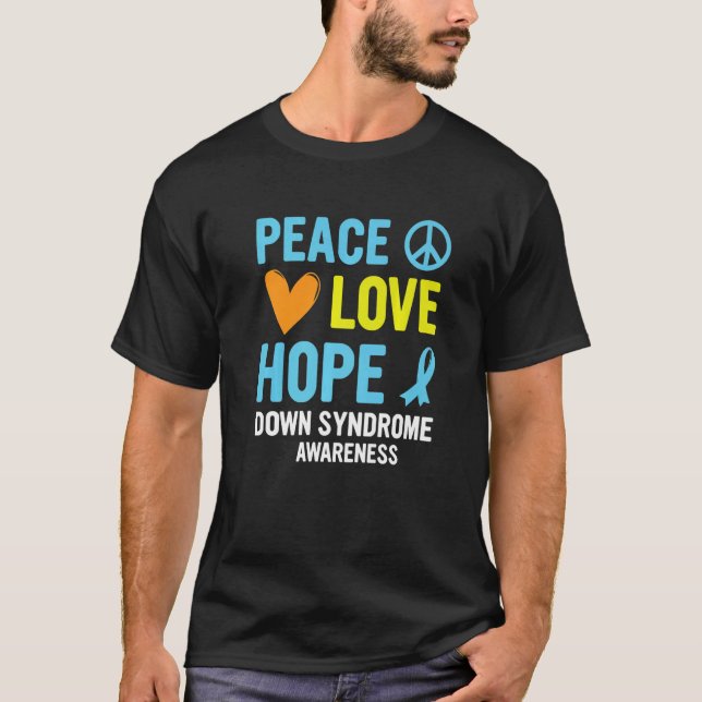 Camiseta Down Syndrome Awareness Peace Love Hope T21 Yellow (Anverso)