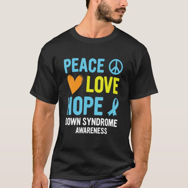 Camiseta Down Syndrome Awareness Peace Love Hope T21 Yellow (Anverso)