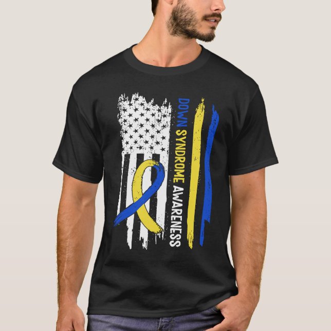 Camiseta Down Syndrome USA Flag Blue Yellow Ribbon (Anverso)