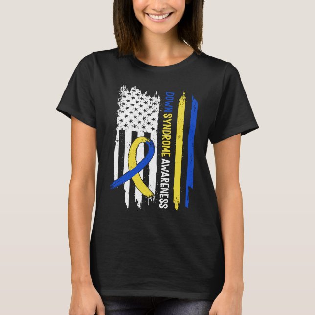 Camiseta Down Syndrome USA Flag Blue Yellow Ribbon (Anverso)