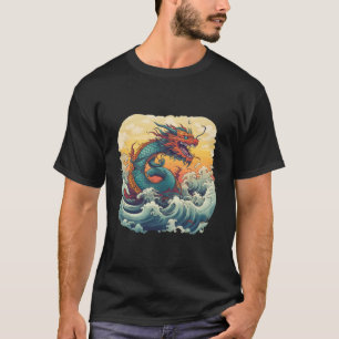 Camiseta Dragón asiático anima las olas del mar japonés