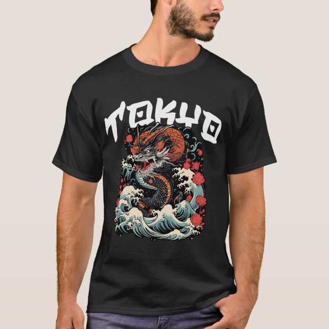 Camiseta Dragón baila el paisaje retro japonés (Anverso)