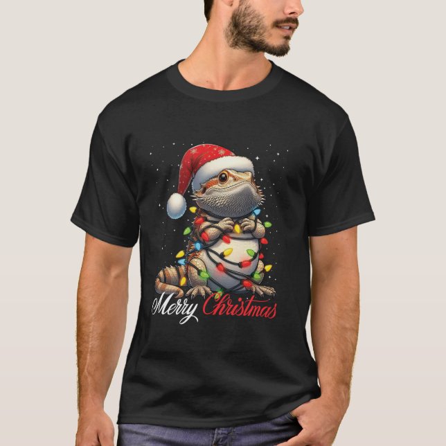 Camiseta Dragón barbudo Feliz Navidad Luces Santa Hat Xm (Anverso)