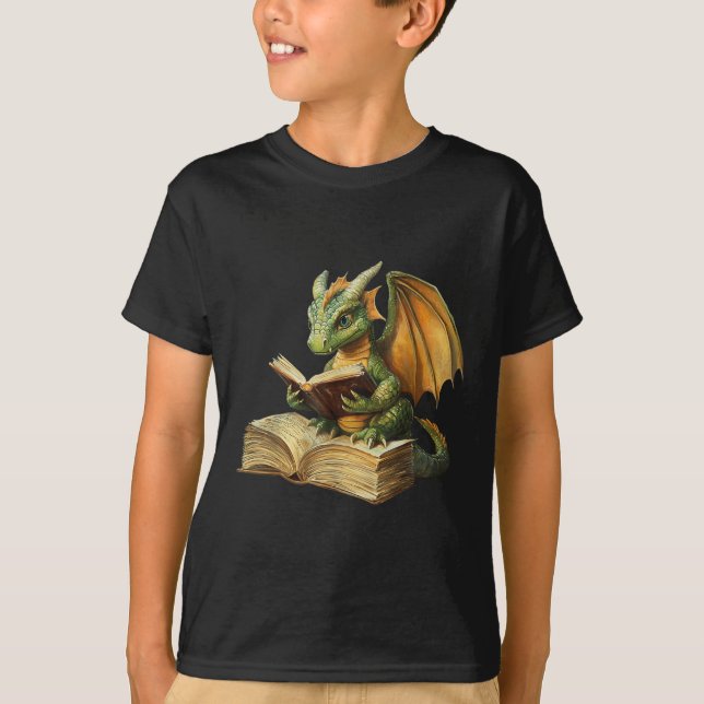 Camiseta Dragon Bookworm Reading Book Funny Graphic (Anverso)
