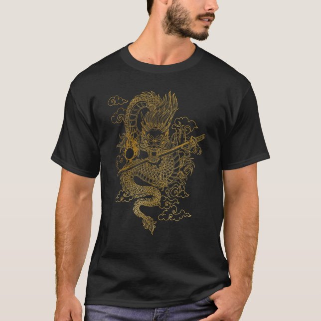 Camiseta Dragón chino de oro con fondo negro (Anverso)