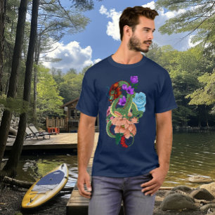 Camiseta Dragón Chino Verde Místico Floral Azul Marino