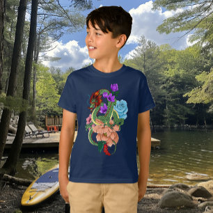 Camiseta Dragón Chino Verde Místico Floral Azul Marino