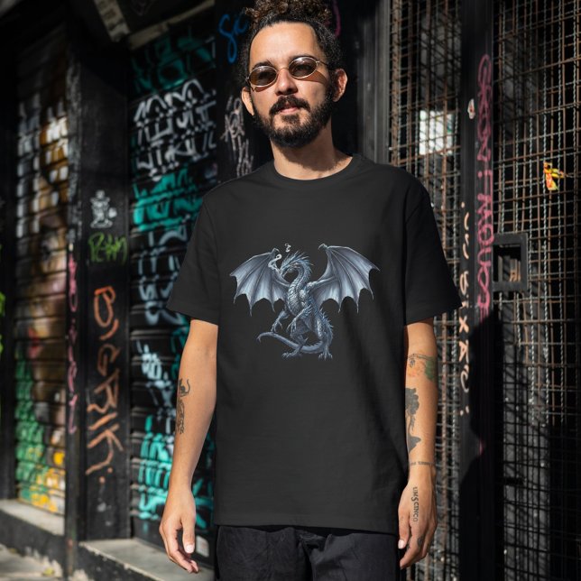 Camiseta Dragón de plata regio sobre negro (Regal Silver Dragon on Black T-Shirt)