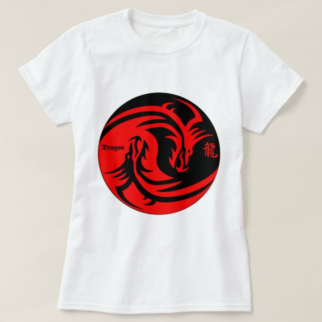 Camiseta dragón en yinyang negro y rojo (Diseño del anverso)