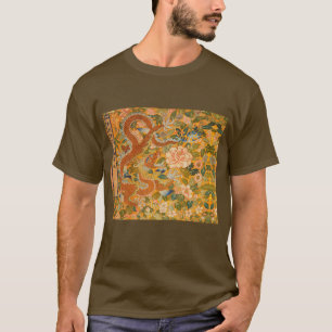 CAMISETA DRAGÓN ENTRE PEONÍAS, FLORES, HOJAS VERDES, FLORES