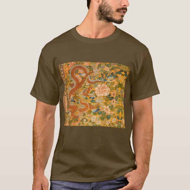 CAMISETA DRAGÓN ENTRE PEONÍAS, FLORES, HOJAS VERDES, FLORES (Anverso)