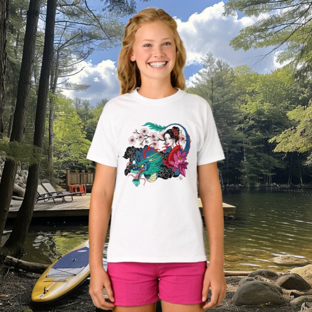 Camiseta Dragón Geisha Asiática Flores de Cerezo Azules (Subido por el creador)