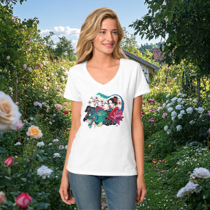 Camiseta Dragón Geisha Asiático Flor de Cerezo Azul