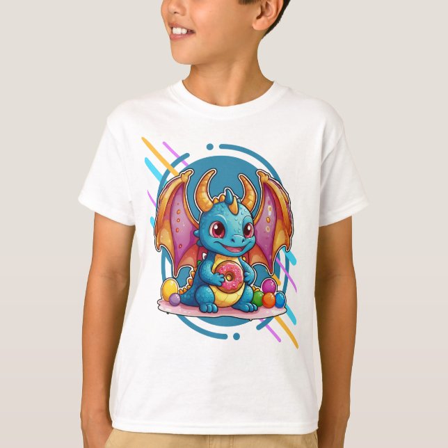 Camiseta Dragón infantil lindo con donut (Anverso)