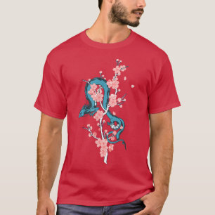 Camiseta Dragón japonés azul con árbol sakura floreciente