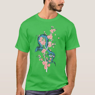 Camiseta Dragón japonés azul con árbol sakura floreciente