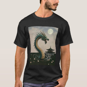 Camiseta Dragón Japonés Flor de Cerezo Luna Llena Fantasía 