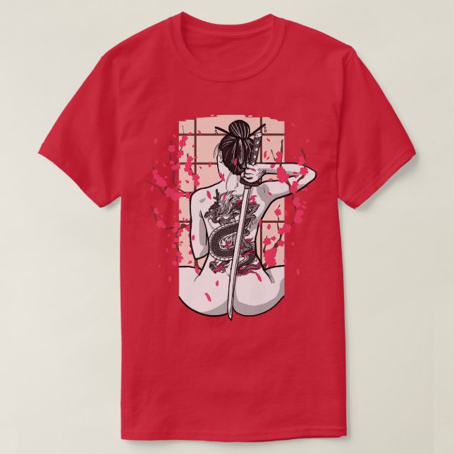 Camiseta Dragón japonés tatuó a Chica samurái cereza perdid (Diseño del anverso)