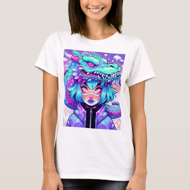 Camiseta Dragón Kawaii Chica de la dirección en los cielos  (Anverso)