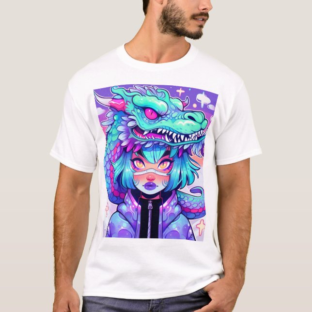 Camiseta Dragón Kawaii Chica de la dirección en los cielos  (Anverso)