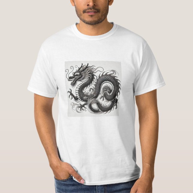 Camiseta Dragón Místico en Blanco y Negro Economica (Anverso)