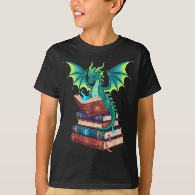 Camiseta Dragon Reading Books Fantasy Lovers Mythical Creat (Anverso)
