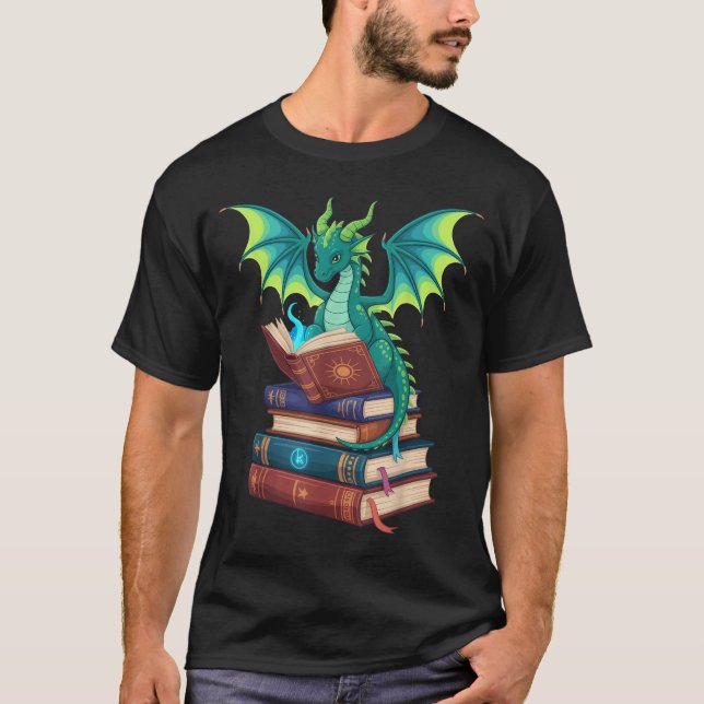 Camiseta Dragon Reading Books Fantasy Lovers Mythical Creat (Anverso)