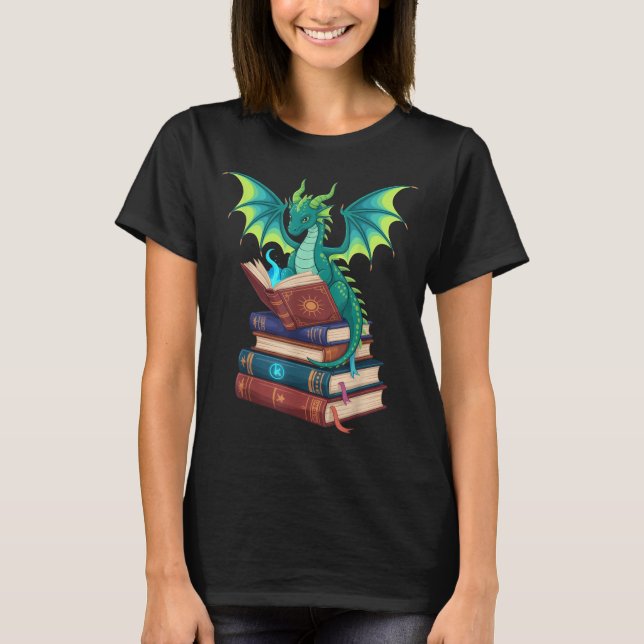 Camiseta Dragon Reading Books Fantasy Lovers Mythical Creat (Anverso)