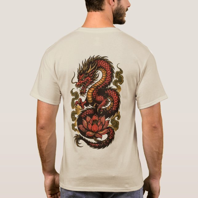 Camiseta : dragón rojo con humo dorado y loto (Reverso)