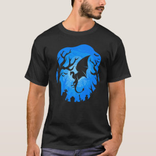 Camiseta Dragon Silhouette Blue Background Forest Night Des