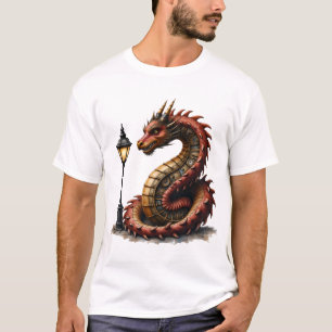 Camiseta Dragón Steampunk al lado de una lámpara de calle v
