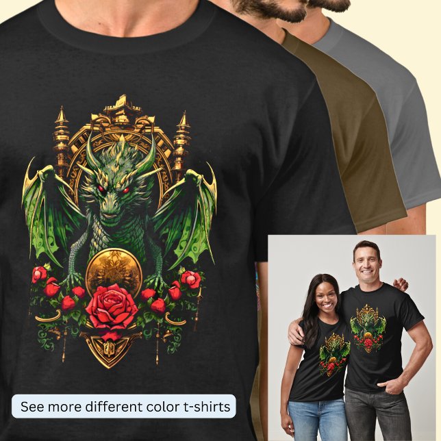 Camiseta Dragón verde sobre el trono de oro con flores roja (Subido por el creador)
